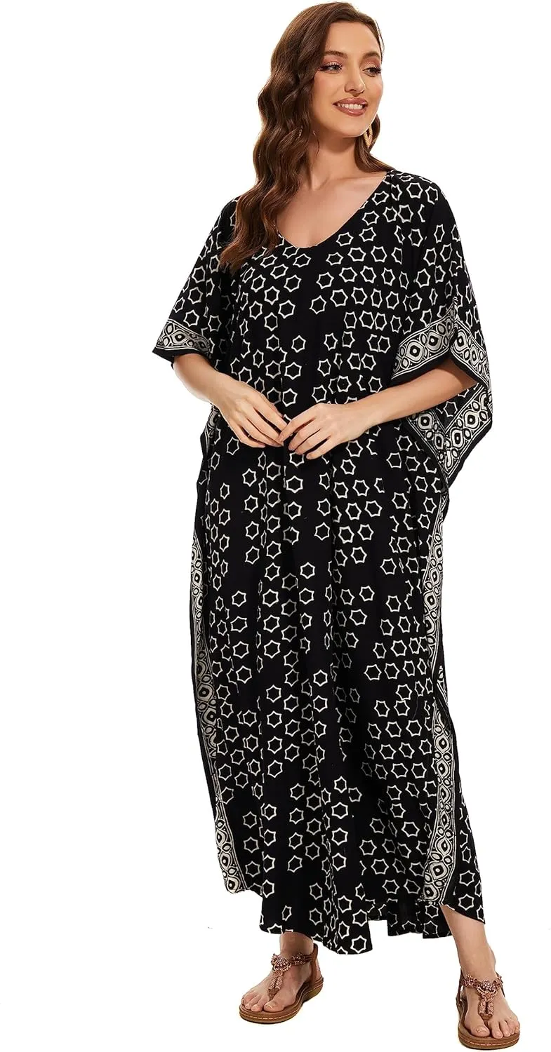 Beautybatik Women Hand Blocked Batik Rayon Caftan Kaftan Loungewear Maxi Plus Size Long Dress XL to 4X