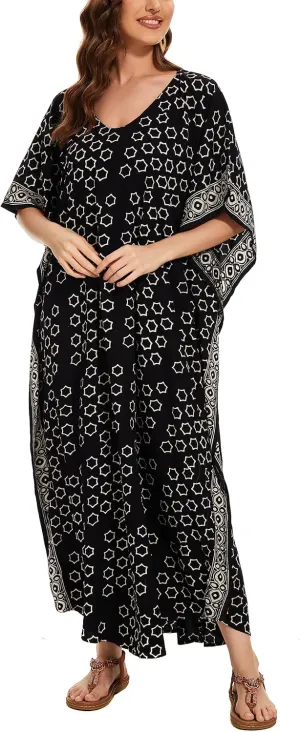 Beautybatik Women Hand Blocked Batik Rayon Caftan Kaftan Loungewear Maxi Plus Size Long Dress XL to 4X