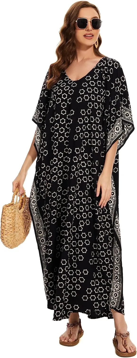 Beautybatik Women Hand Blocked Batik Rayon Caftan Kaftan Loungewear Maxi Plus Size Long Dress XL to 4X