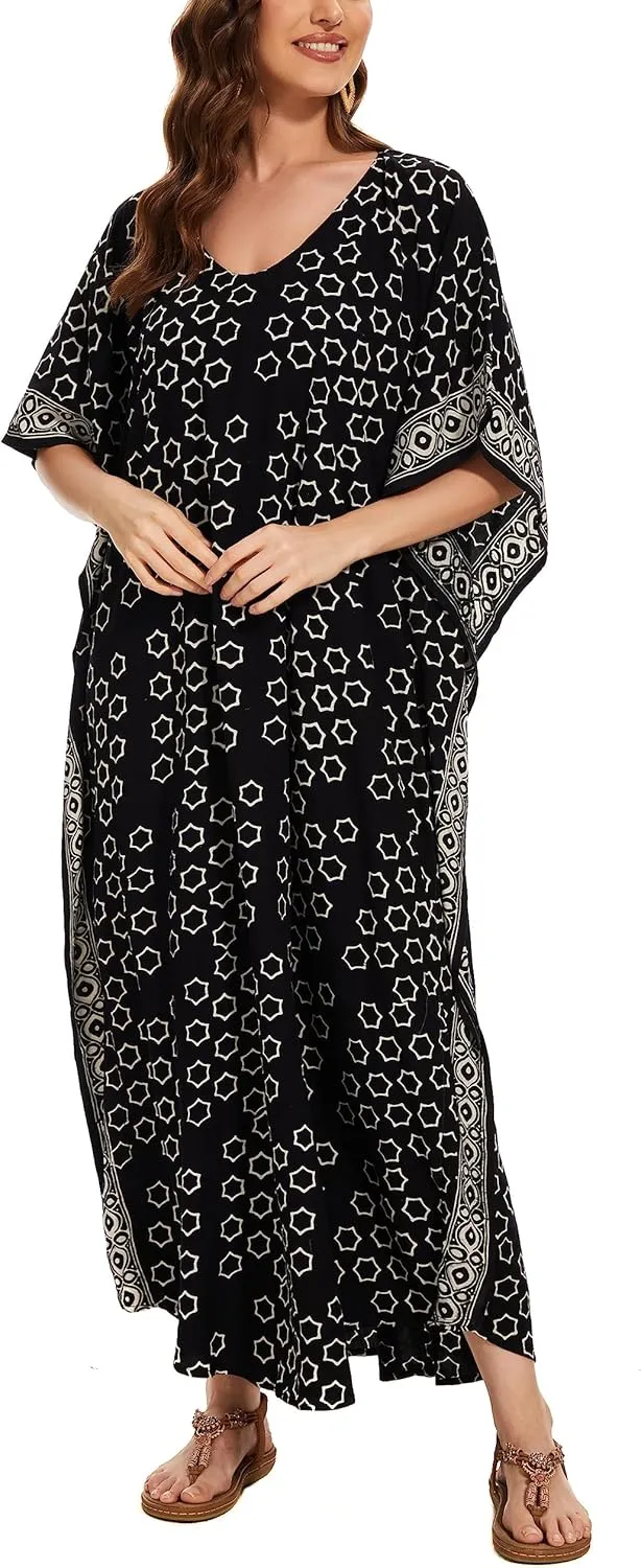 Beautybatik Women Hand Blocked Batik Rayon Caftan Kaftan Loungewear Maxi Plus Size Long Dress XL to 4X