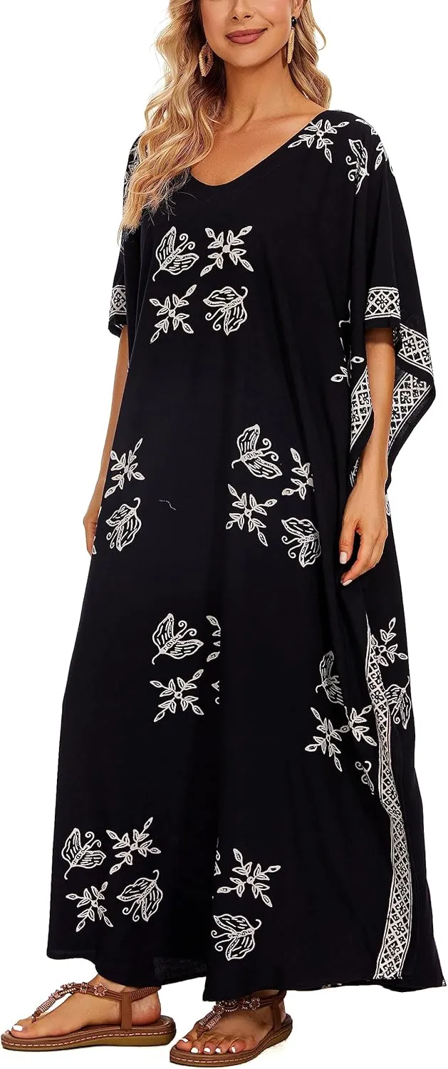 Beautybatik Women Hand Blocked Batik Rayon Caftan Kaftan Loungewear Maxi Plus Size Long Dress XL to 4X