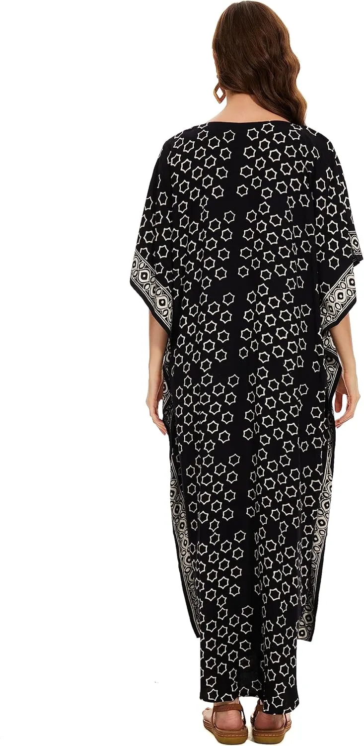 Beautybatik Women Hand Blocked Batik Rayon Caftan Kaftan Loungewear Maxi Plus Size Long Dress XL to 4X