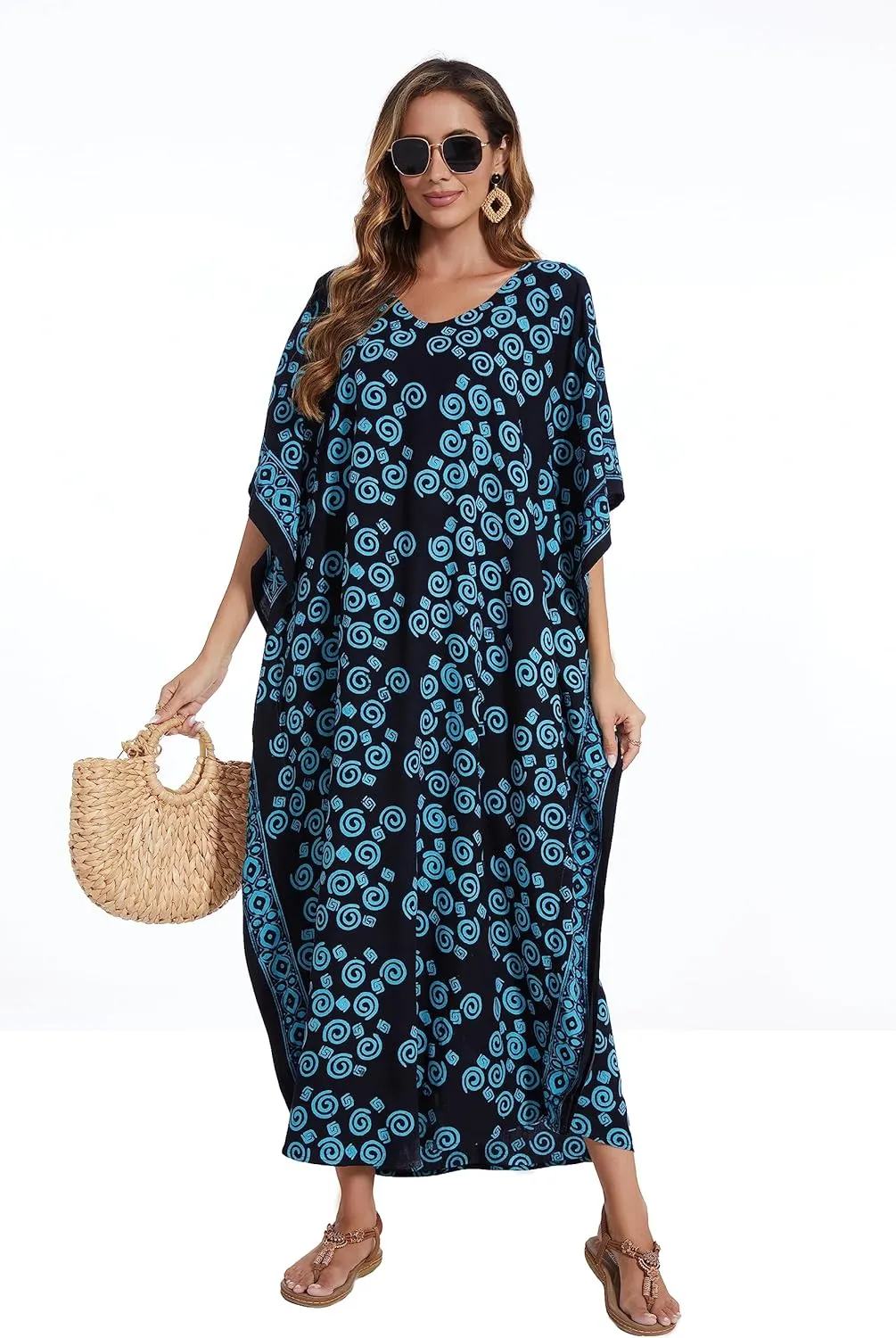 Beautybatik Women Hand Blocked Batik Rayon Caftan Kaftan Loungewear Maxi Plus Size Long Dress XL to 4X