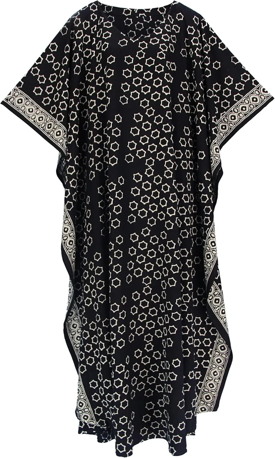 Beautybatik Women Hand Blocked Batik Rayon Caftan Kaftan Loungewear Maxi Plus Size Long Dress XL to 4X