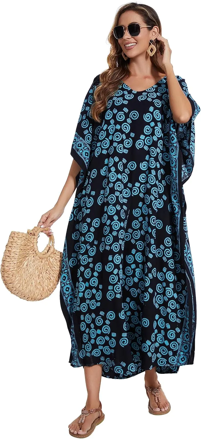 Beautybatik Women Hand Blocked Batik Rayon Caftan Kaftan Loungewear Maxi Plus Size Long Dress XL to 4X