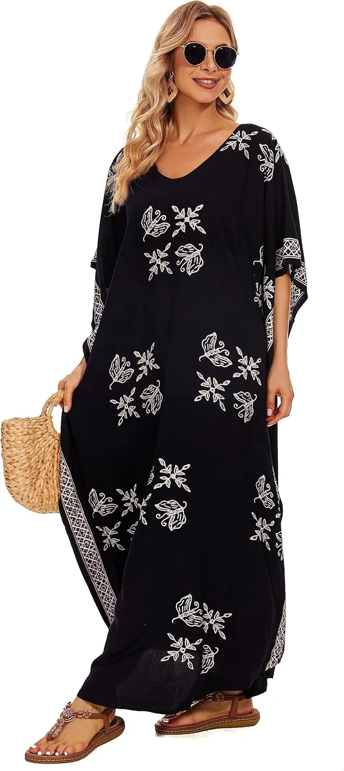 Beautybatik Women Hand Blocked Batik Rayon Caftan Kaftan Loungewear Maxi Plus Size Long Dress XL to 4X