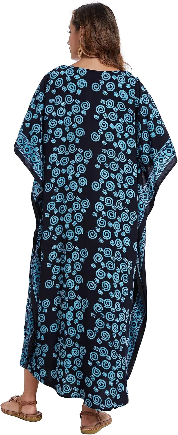 Beautybatik Women Hand Blocked Batik Rayon Caftan Kaftan Loungewear Maxi Plus Size Long Dress XL to 4X