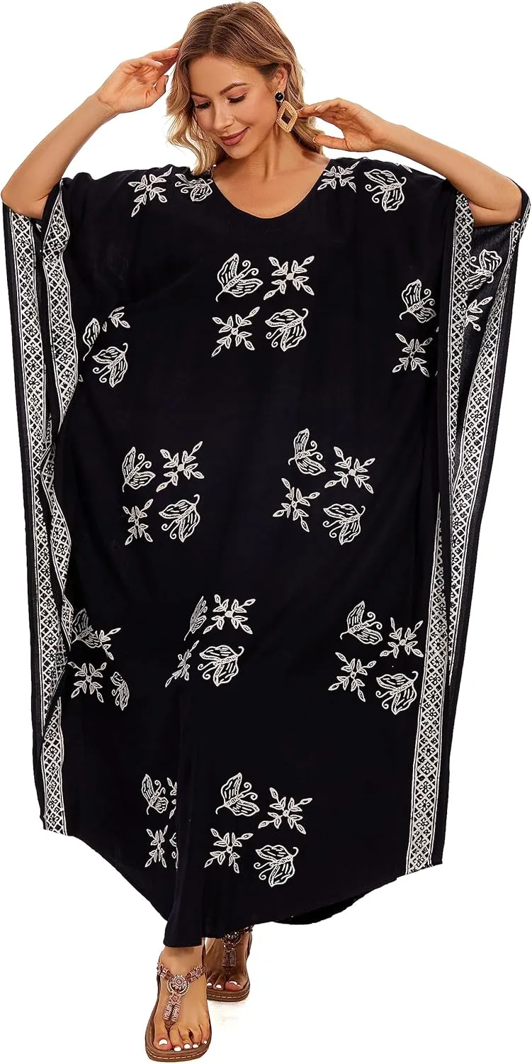Beautybatik Women Hand Blocked Batik Rayon Caftan Kaftan Loungewear Maxi Plus Size Long Dress XL to 4X