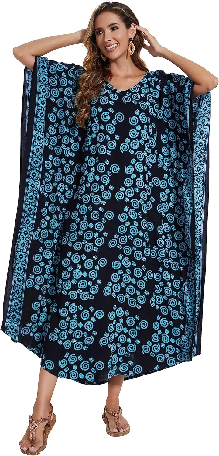 Beautybatik Women Hand Blocked Batik Rayon Caftan Kaftan Loungewear Maxi Plus Size Long Dress XL to 4X