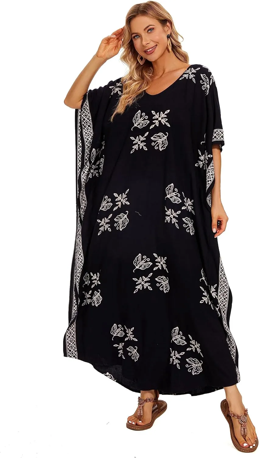 Beautybatik Women Hand Blocked Batik Rayon Caftan Kaftan Loungewear Maxi Plus Size Long Dress XL to 4X