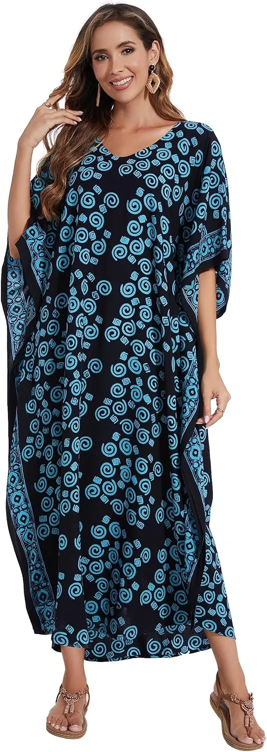 Beautybatik Women Hand Blocked Batik Rayon Caftan Kaftan Loungewear Maxi Plus Size Long Dress XL to 4X