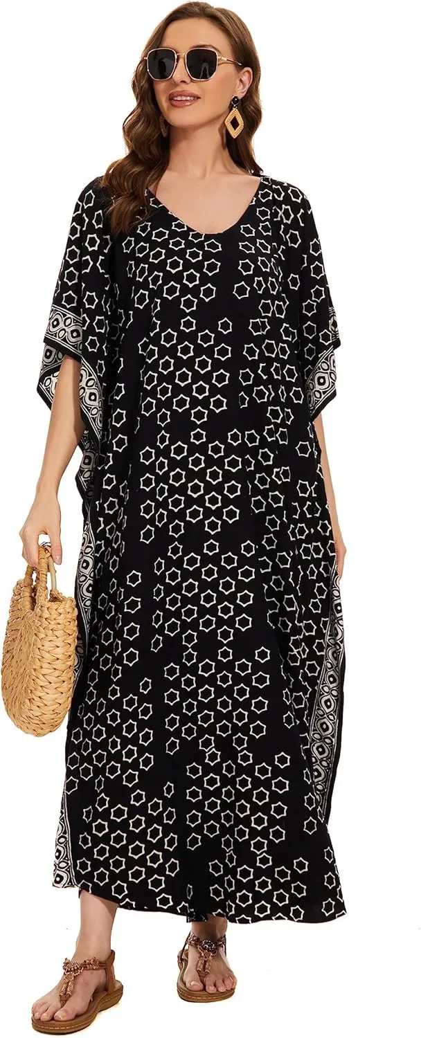 Beautybatik Women Hand Blocked Batik Rayon Caftan Kaftan Loungewear Maxi Plus Size Long Dress XL to 4X