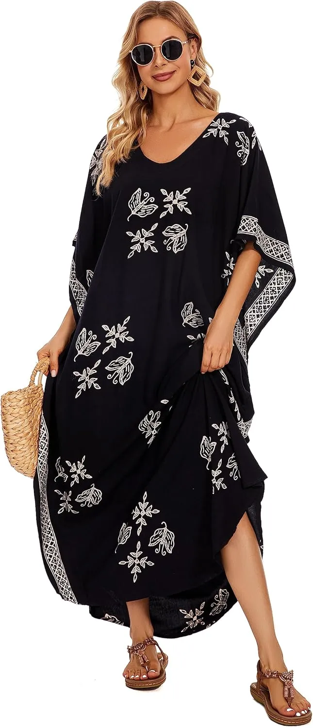 Beautybatik Women Hand Blocked Batik Rayon Caftan Kaftan Loungewear Maxi Plus Size Long Dress XL to 4X