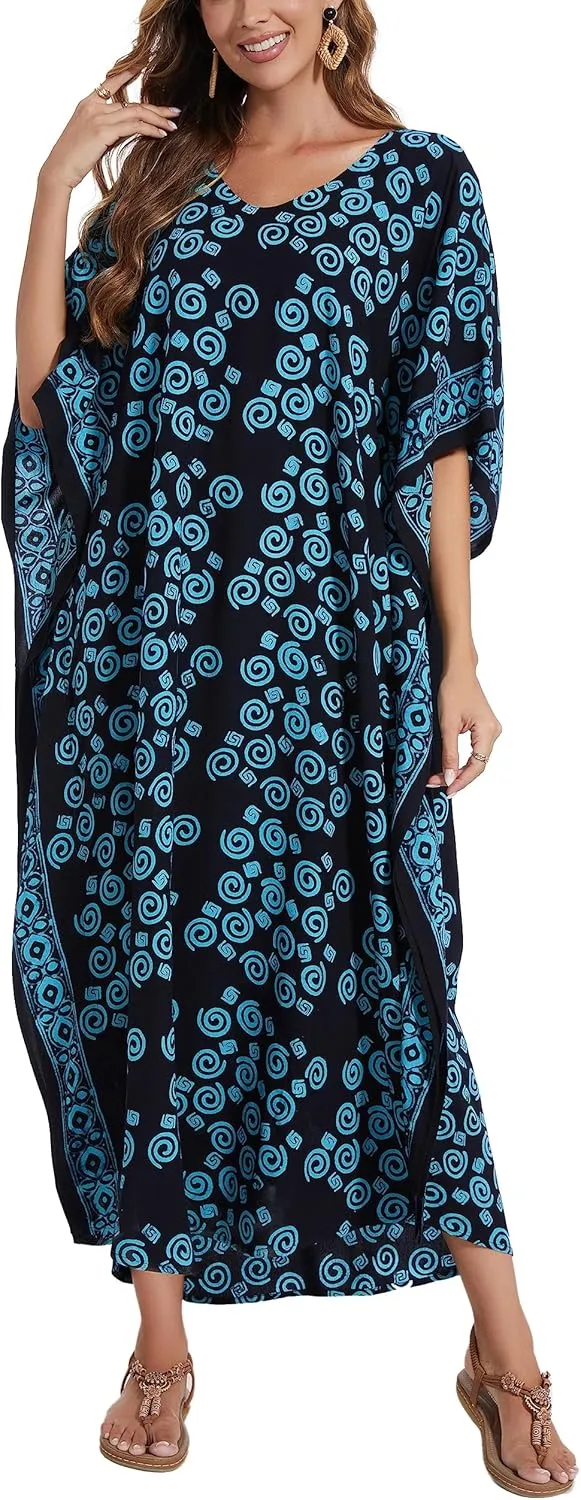 Beautybatik Women Hand Blocked Batik Rayon Caftan Kaftan Loungewear Maxi Plus Size Long Dress XL to 4X