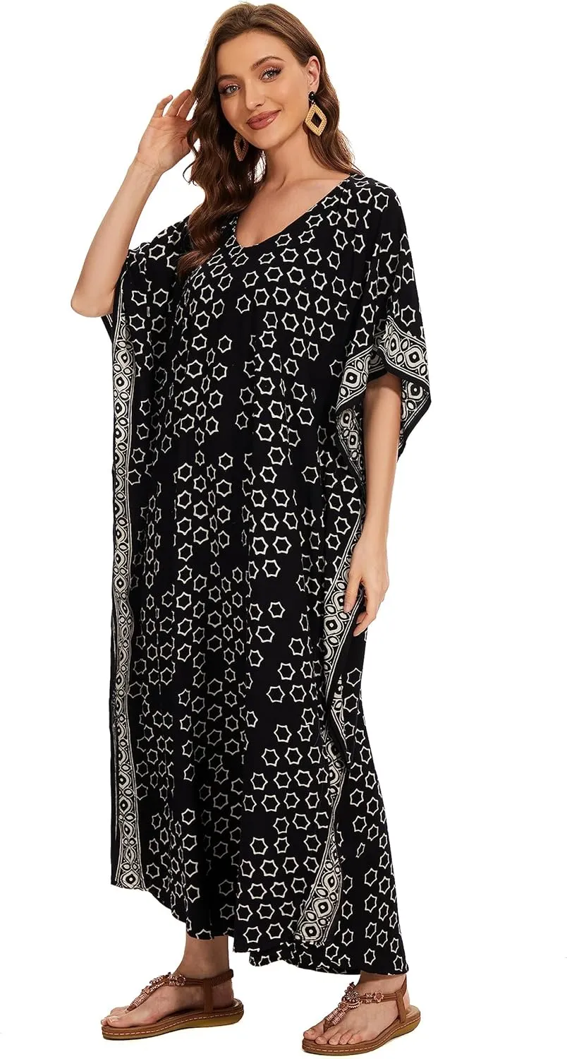 Beautybatik Women Hand Blocked Batik Rayon Caftan Kaftan Loungewear Maxi Plus Size Long Dress XL to 4X