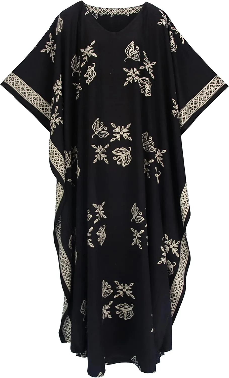 Beautybatik Women Hand Blocked Batik Rayon Caftan Kaftan Loungewear Maxi Plus Size Long Dress XL to 4X