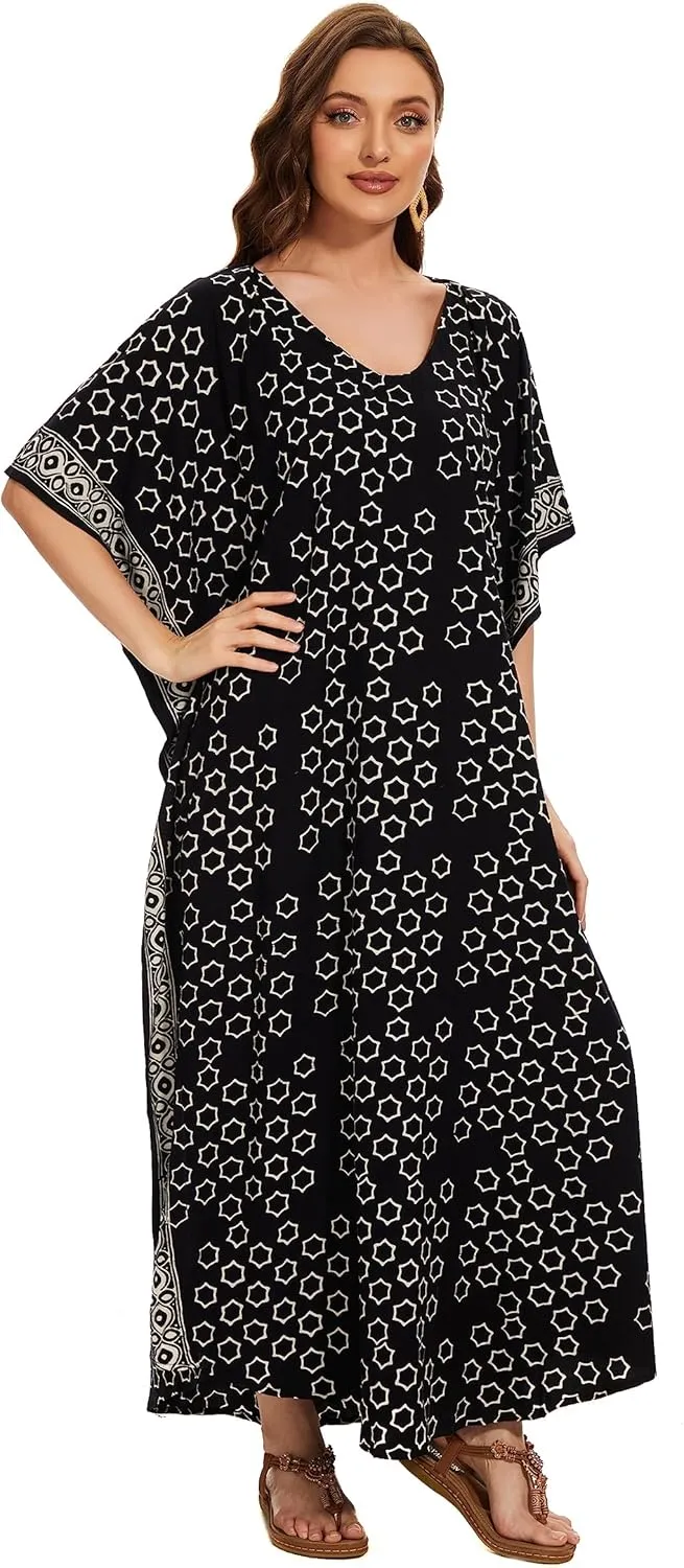 Beautybatik Women Hand Blocked Batik Rayon Caftan Kaftan Loungewear Maxi Plus Size Long Dress XL to 4X
