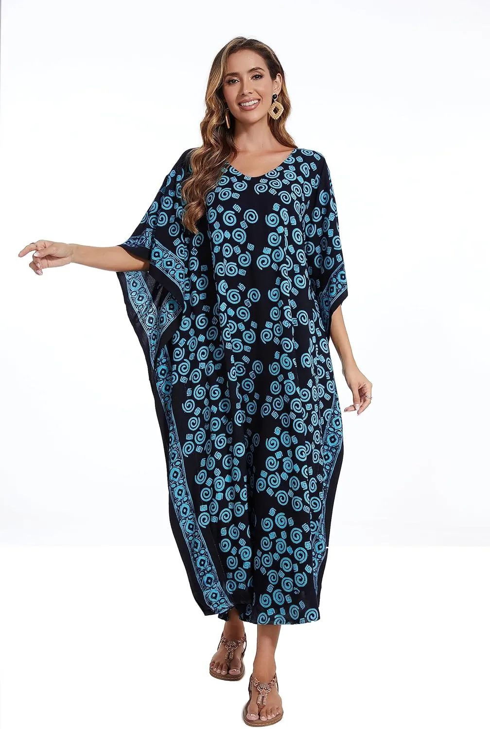 Beautybatik Women Hand Blocked Batik Rayon Caftan Kaftan Loungewear Maxi Plus Size Long Dress XL to 4X