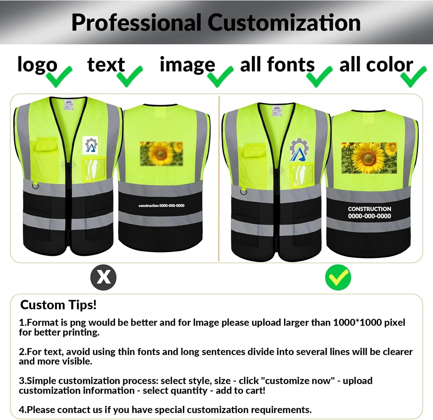 BeautyWill Custom Safety Vest logo Visibility Reflective Vest Class 2 Hi Vis Security Construction Work Vest