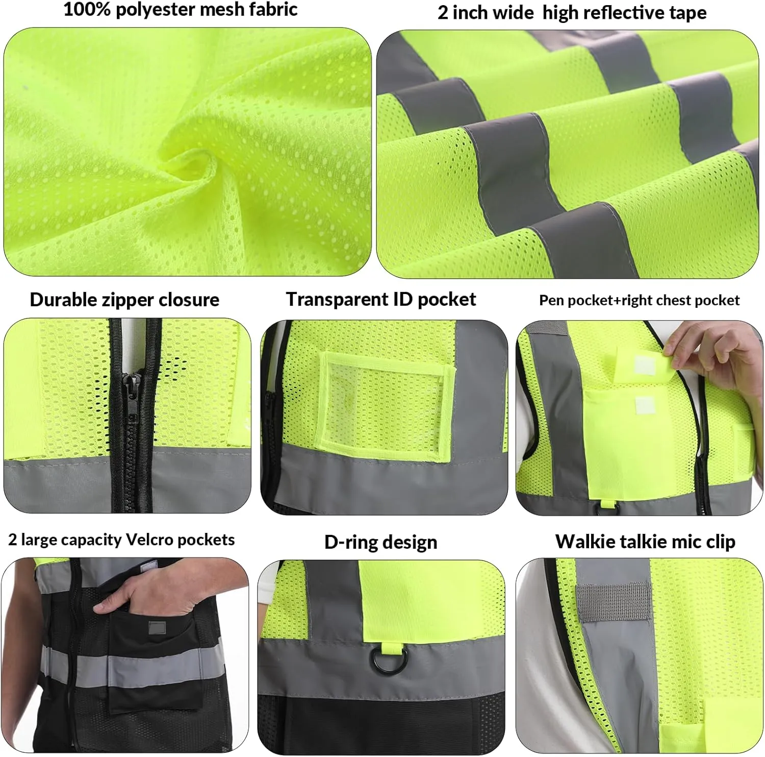 BeautyWill Custom Safety Vest logo Visibility Reflective Vest Class 2 Hi Vis Security Construction Work Vest