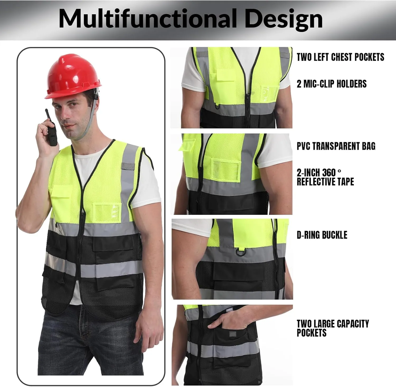 BeautyWill Custom Safety Vest logo Visibility Reflective Vest Class 2 Hi Vis Security Construction Work Vest