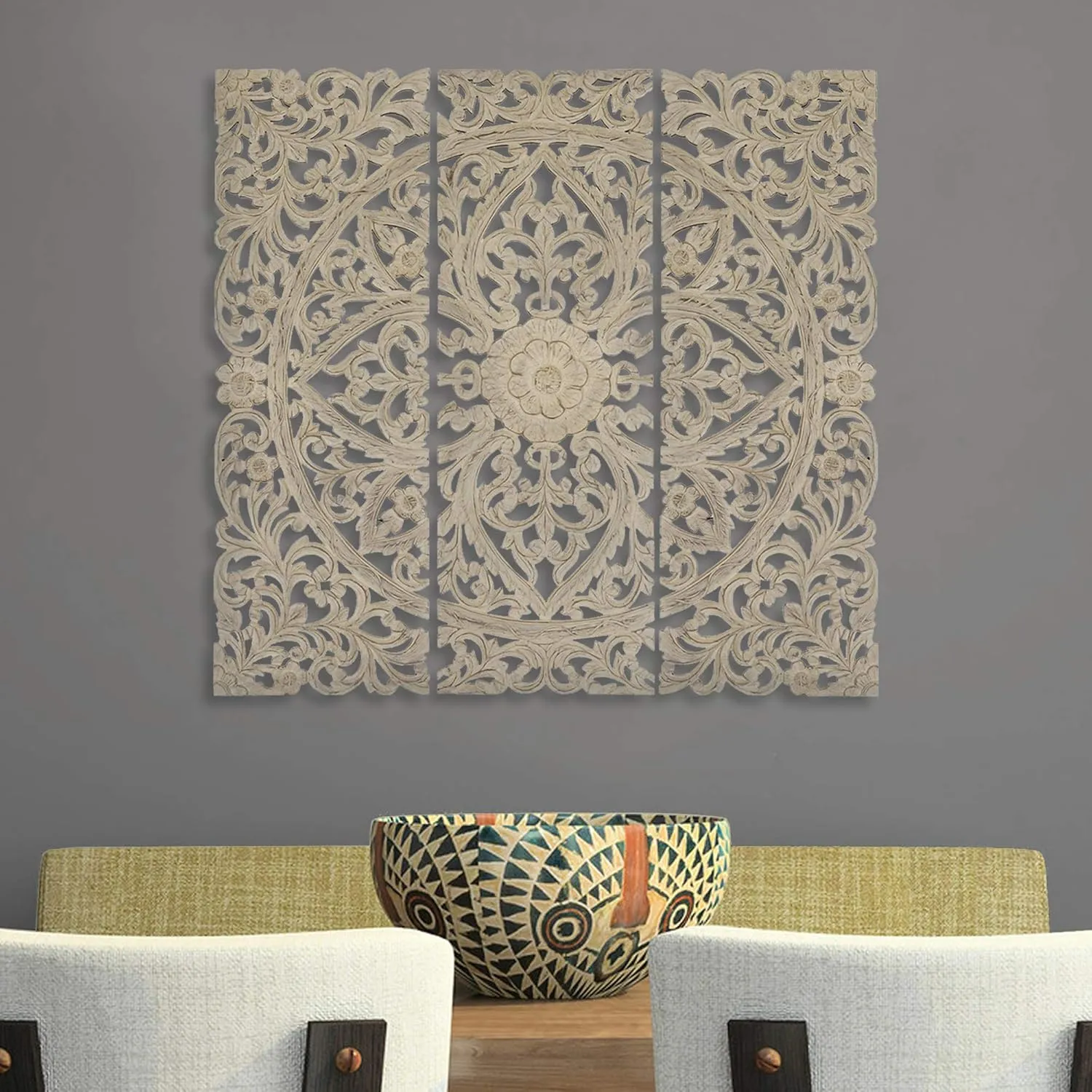 Benzara Exquisite Floral Wood Wall Plaques - Set of 3, Antique White