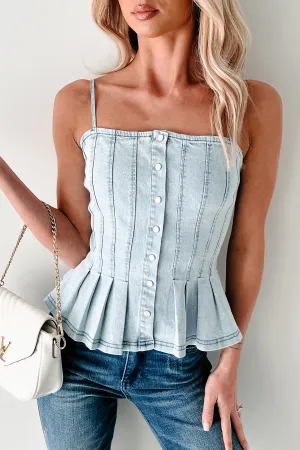 Beyond The City Lights Pleated Denim Top (Light Denim)