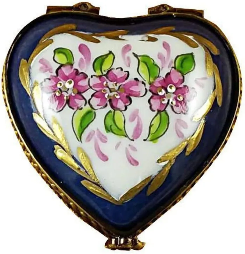 Blue Heart Roses on Blue Base Limoges Trinket Box
