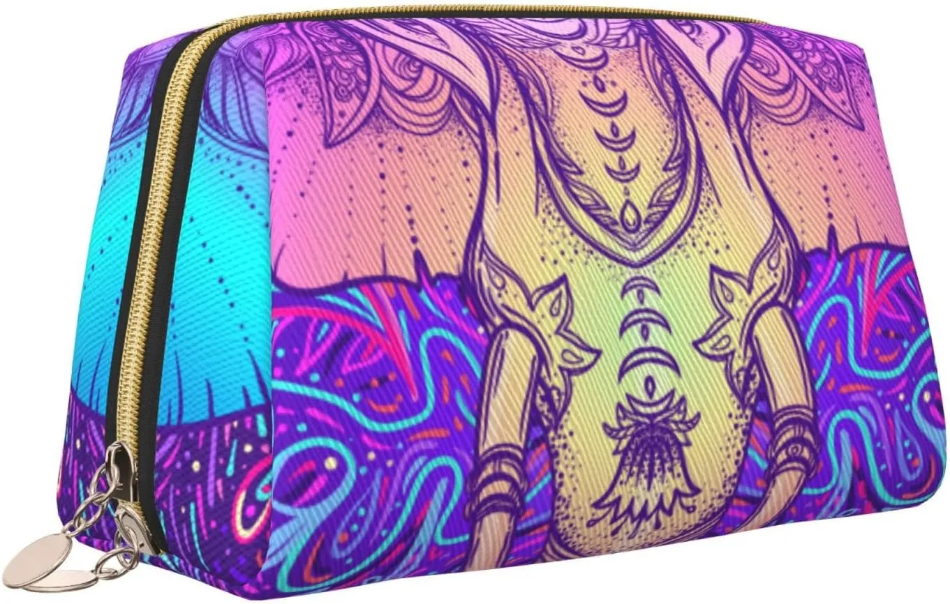 Bohemian Hand-Painted Elephant Makeup Bag Large Makeup Bag Zipper Pouch Travel Cosmetic Organizer For Women