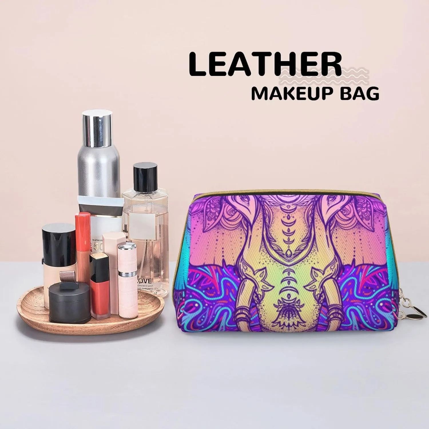Bohemian Hand-Painted Elephant Makeup Bag Large Makeup Bag Zipper Pouch Travel Cosmetic Organizer For Women