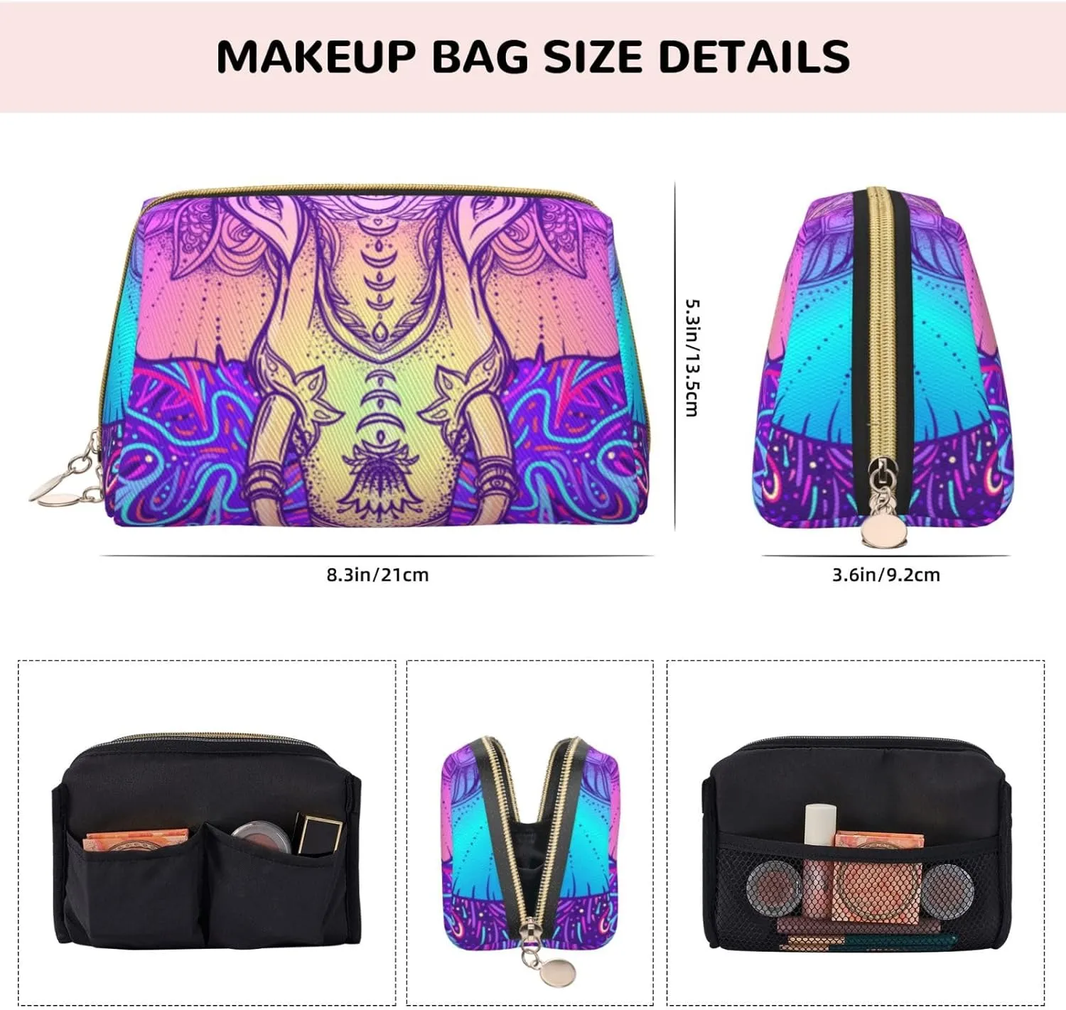 Bohemian Hand-Painted Elephant Makeup Bag Large Makeup Bag Zipper Pouch Travel Cosmetic Organizer For Women