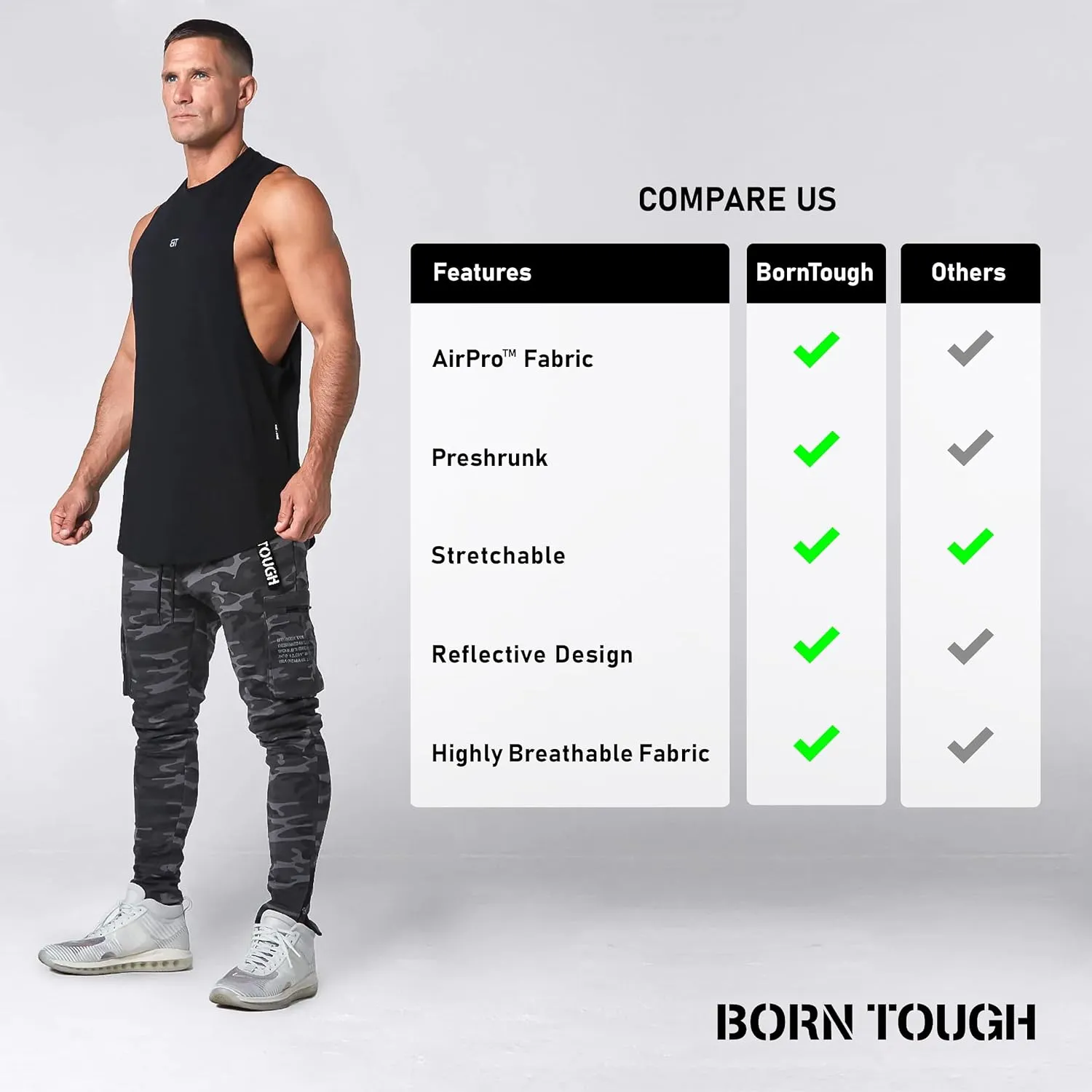Born Tough Mens Oversized Workout Tank Top & Athletic Cutoff Gym Stringer Tank Top Vest for Training, Bodybuilding & Running