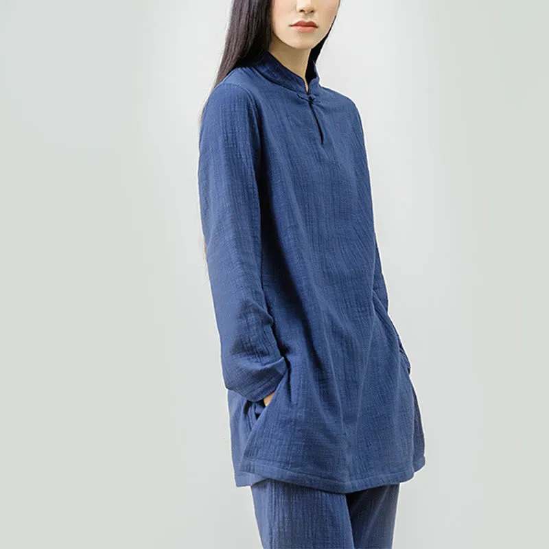 Buddha Stones 2Pcs Tang Suit Frog-Button Shirt Top Pants Meditation Zen Tai Chi Cotton Linen Clothing Women's Set