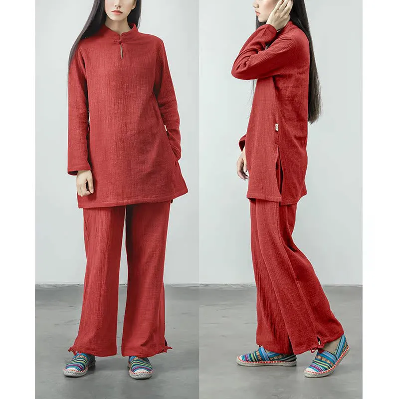 Buddha Stones 2Pcs Tang Suit Frog-Button Shirt Top Pants Meditation Zen Tai Chi Cotton Linen Clothing Women's Set