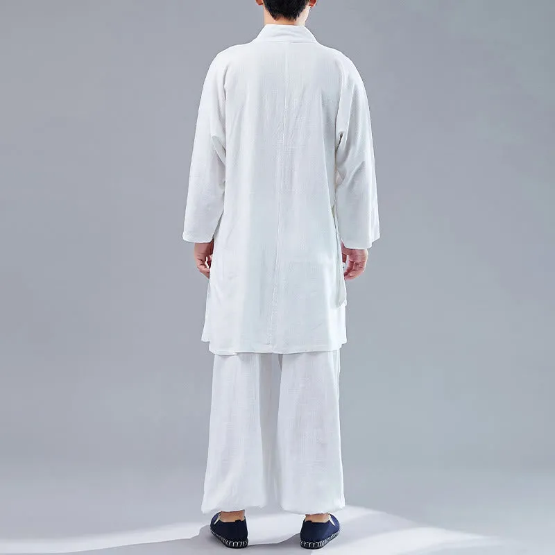 Buddha Stones 2Pcs V-Neck Men's Long Sleeve Shirt Top Pants Meditation Zen Tai Chi Cotton Linen Clothing Set