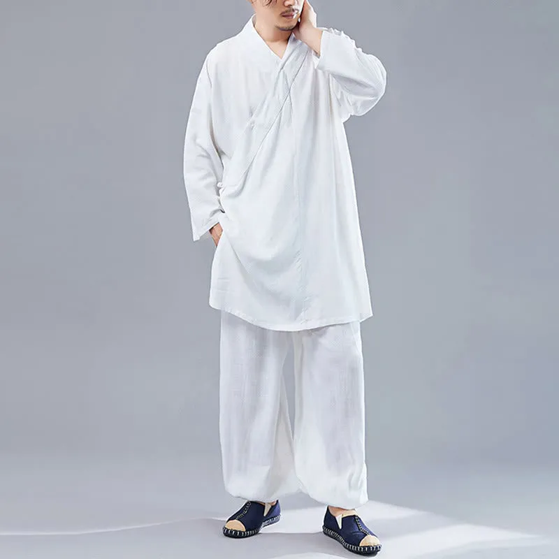 Buddha Stones 2Pcs V-Neck Men's Long Sleeve Shirt Top Pants Meditation Zen Tai Chi Cotton Linen Clothing Set