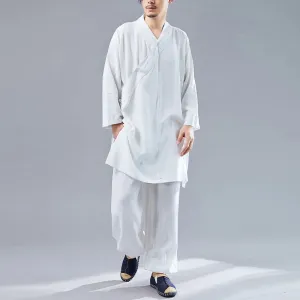 Buddha Stones 2Pcs V-Neck Men's Long Sleeve Shirt Top Pants Meditation Zen Tai Chi Cotton Linen Clothing Set
