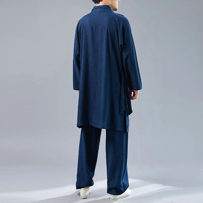 Buddha Stones 2Pcs V-Neck Men's Long Sleeve Shirt Top Pants Meditation Zen Tai Chi Cotton Linen Clothing Set