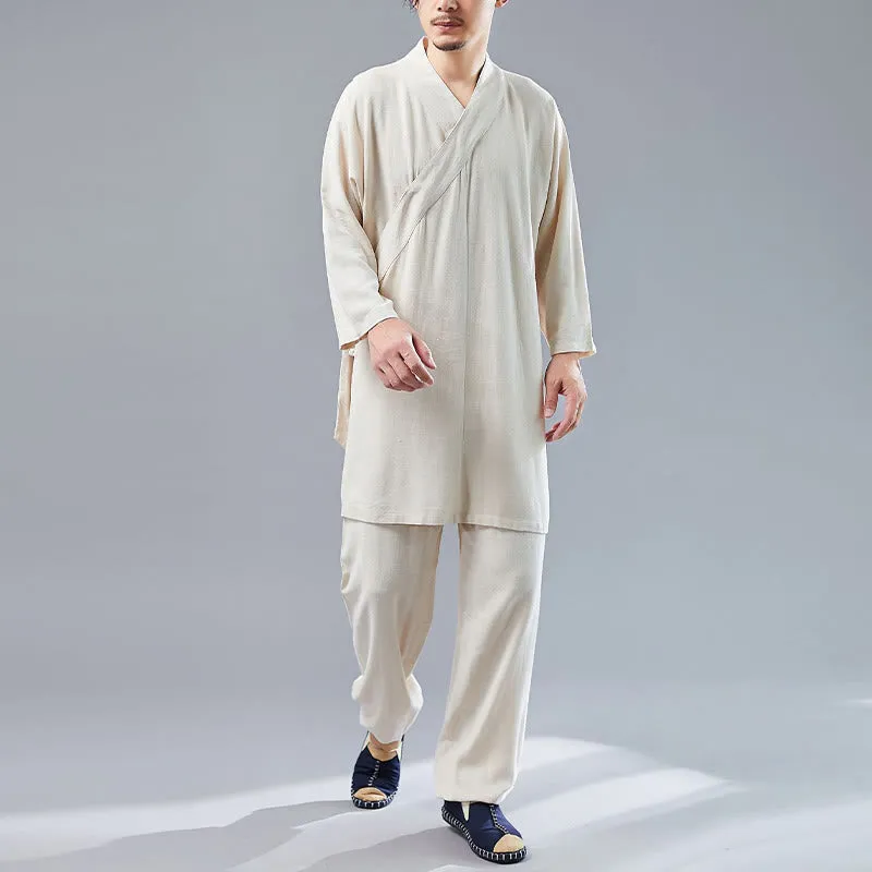 Buddha Stones 2Pcs V-Neck Men's Long Sleeve Shirt Top Pants Meditation Zen Tai Chi Cotton Linen Clothing Set
