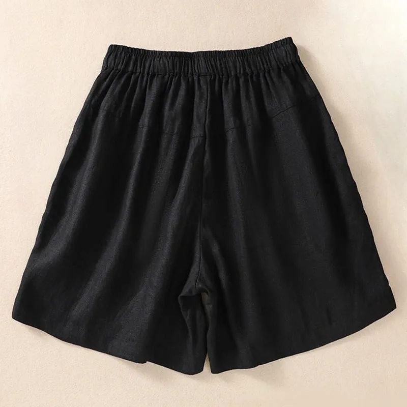 Buddha Stones Casual Floral Embroidery Pattern Drawstring Cotton Linen Women's Shorts With Pockets