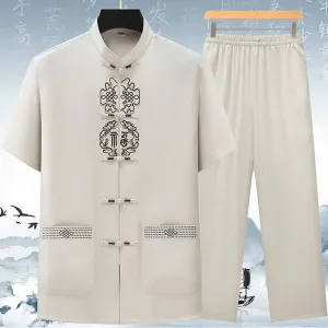 Buddha Stones Fu Character Chinese Knotting Embroidery Tang Suit Traditional Short Sleeve Top Pants Clothing Men's Set