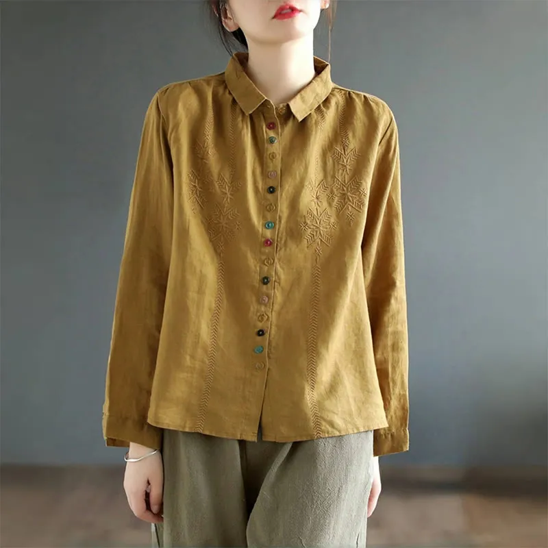 Buddha Stones Spring Embroidery Long Sleeve Colorful Button Label Cotton Linen Women's Shirt