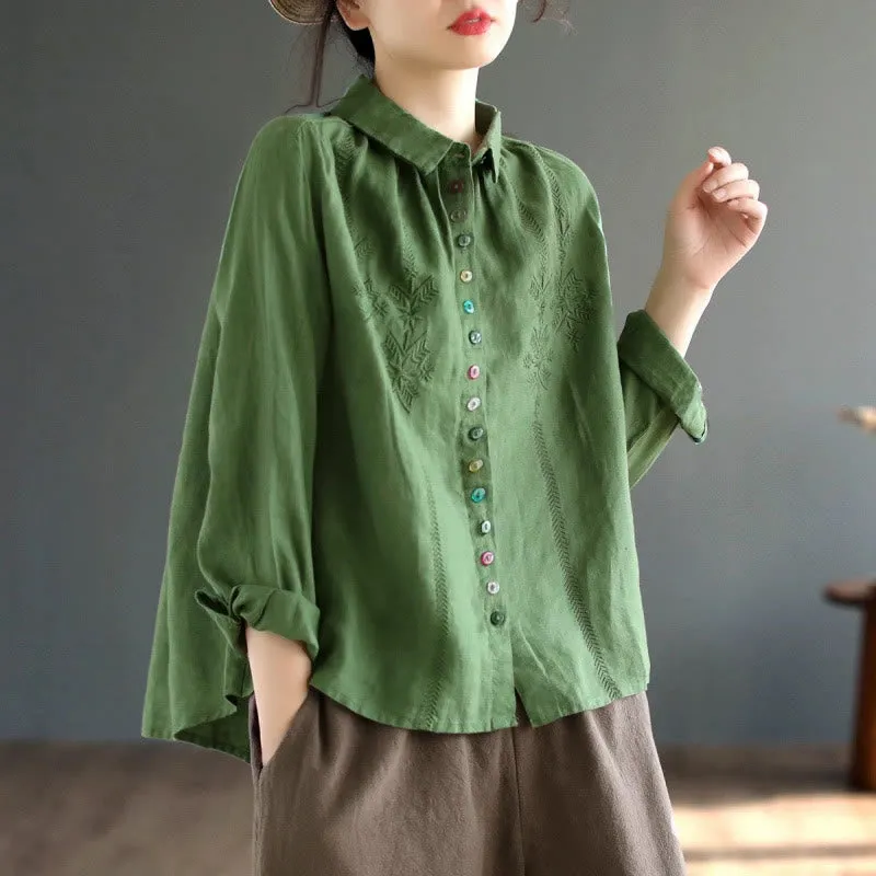 Buddha Stones Spring Embroidery Long Sleeve Colorful Button Label Cotton Linen Women's Shirt