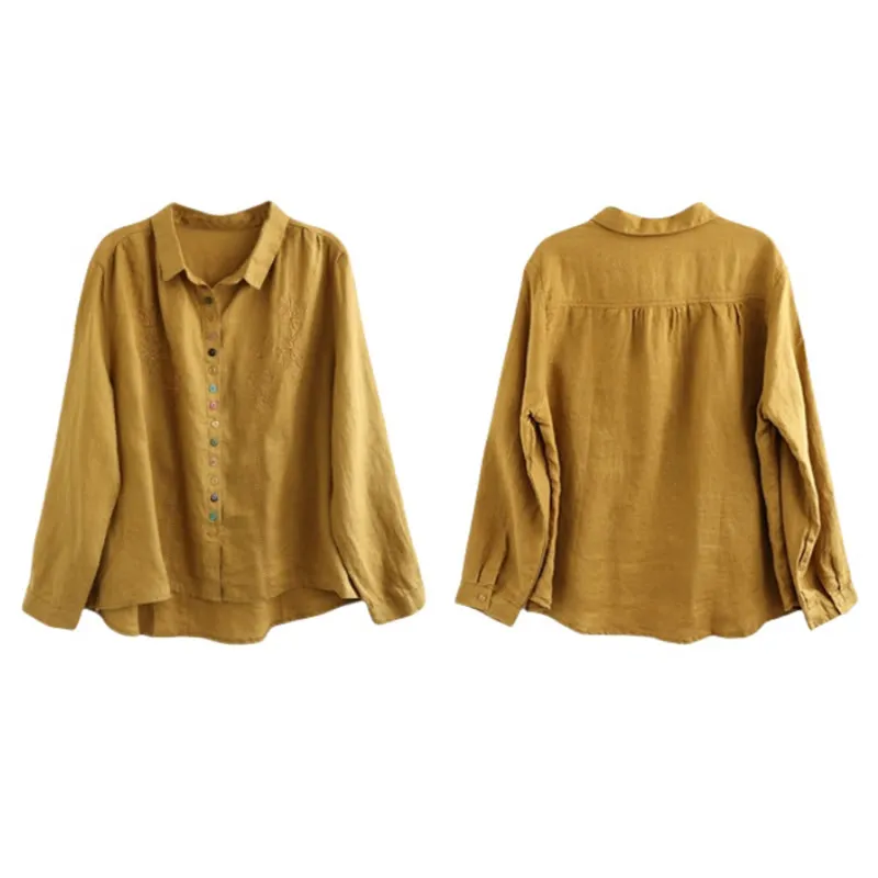 Buddha Stones Spring Embroidery Long Sleeve Colorful Button Label Cotton Linen Women's Shirt