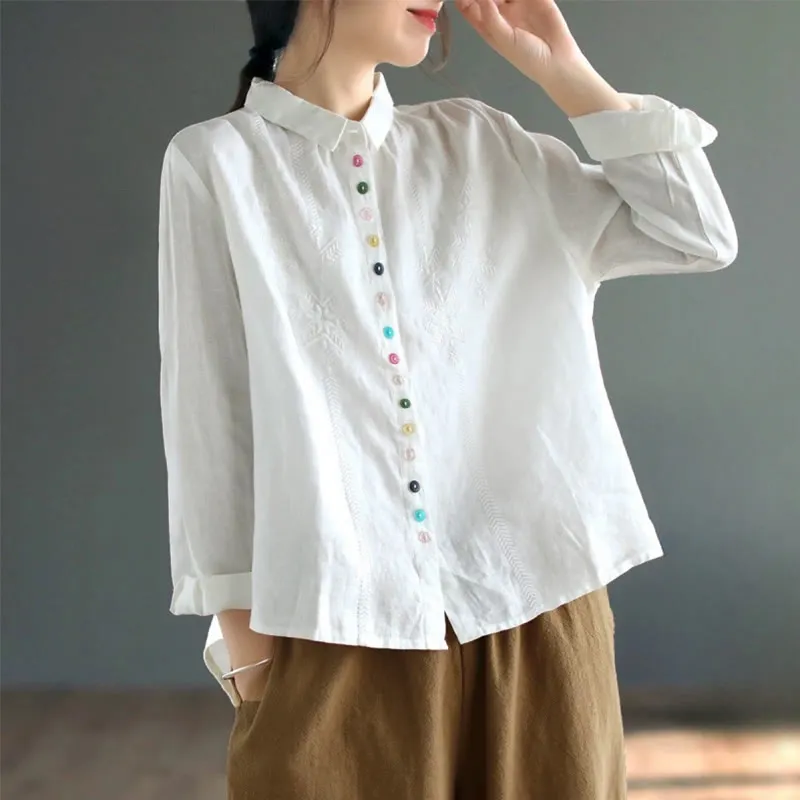 Buddha Stones Spring Embroidery Long Sleeve Colorful Button Label Cotton Linen Women's Shirt
