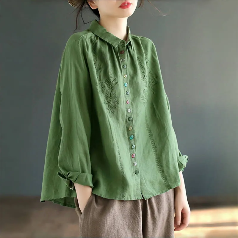 Buddha Stones Spring Embroidery Long Sleeve Colorful Button Label Cotton Linen Women's Shirt