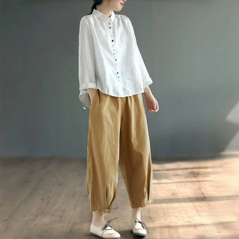 Buddha Stones Spring Embroidery Long Sleeve Colorful Button Label Cotton Linen Women's Shirt