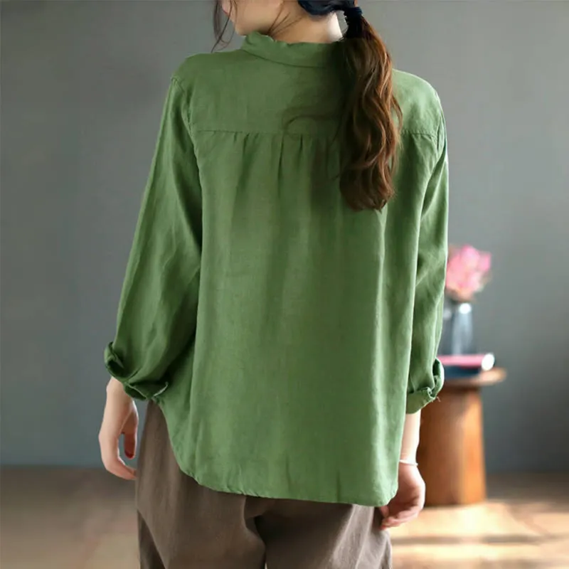 Buddha Stones Spring Embroidery Long Sleeve Colorful Button Label Cotton Linen Women's Shirt