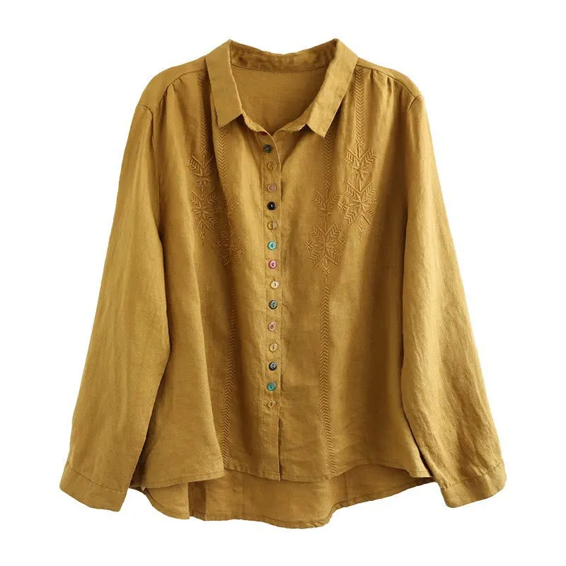 Buddha Stones Spring Embroidery Long Sleeve Colorful Button Label Cotton Linen Women's Shirt