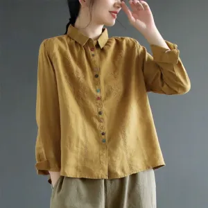 Buddha Stones Spring Embroidery Long Sleeve Colorful Button Label Cotton Linen Women's Shirt